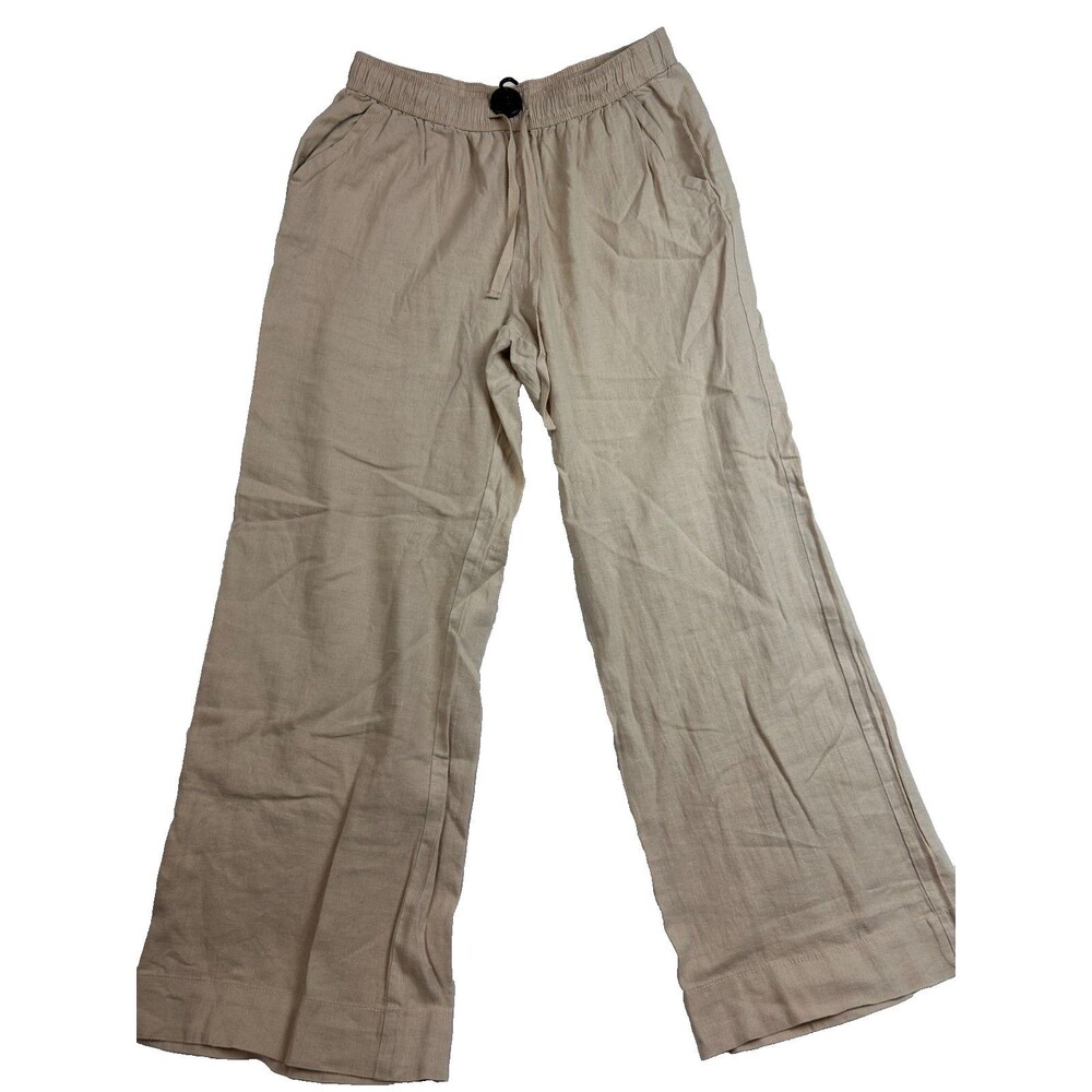 Briggs Linen Blend Gaucho Pants Beige Elastic Waist Button Detail Women L